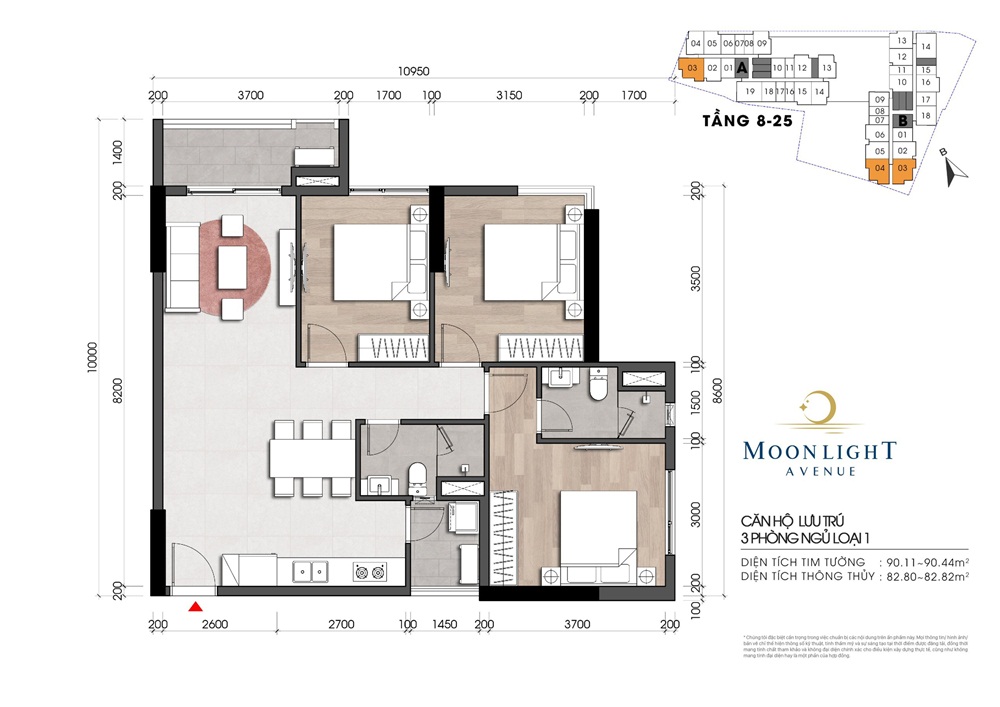 thiết kế căn hộ 3 phòng ngủ - 90m2