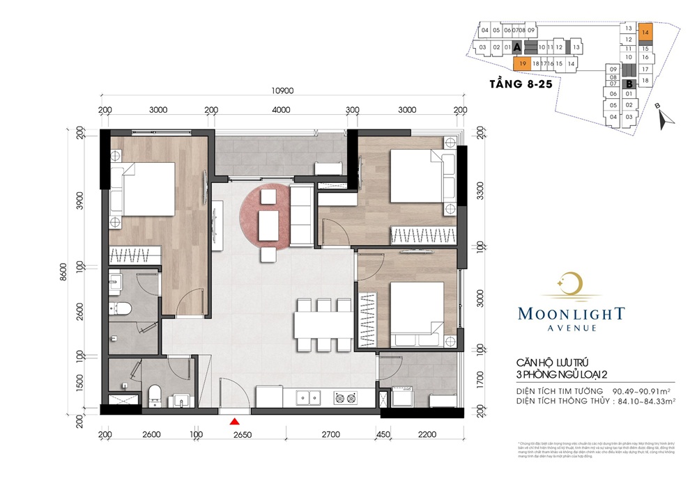 thiết kế căn hộ 3 phòng ngủ - 90m2